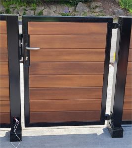 Pedes aeg residential pedestrian gate metal wood appilique 16x9 1